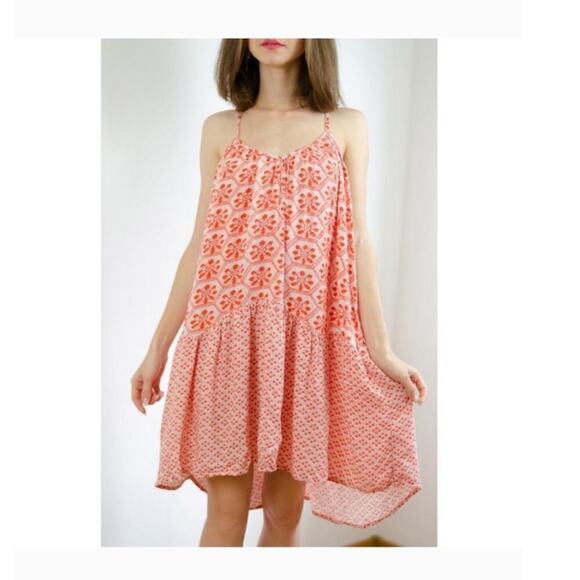 Topshop Drop Waist BOHO Tume Peasant Spaghetti Strap Geo Coral Dress - Picture 1 of 8